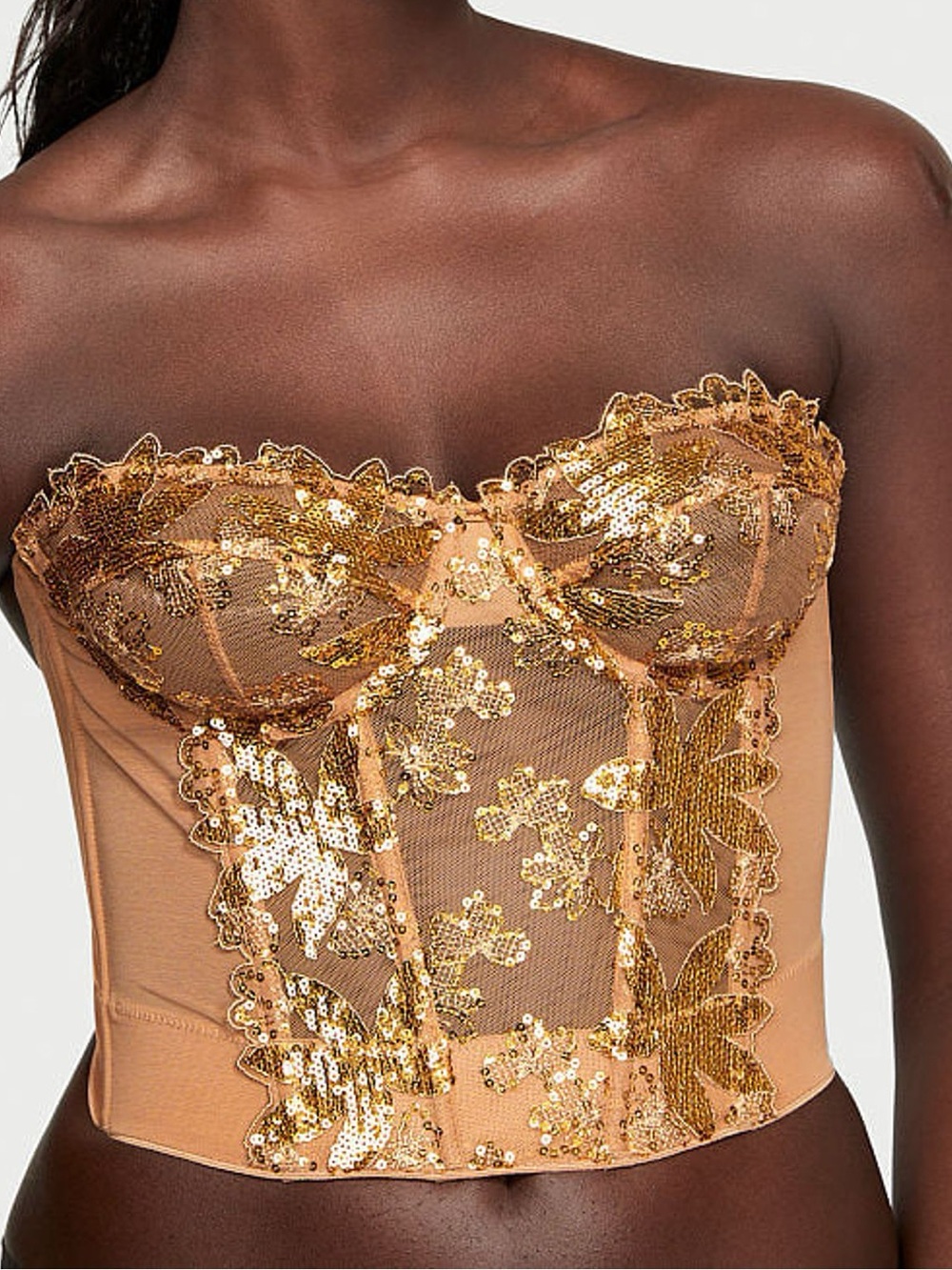 Victorias Secret Gold Sequin Floral Embroidered Corset Bra Top - 32D